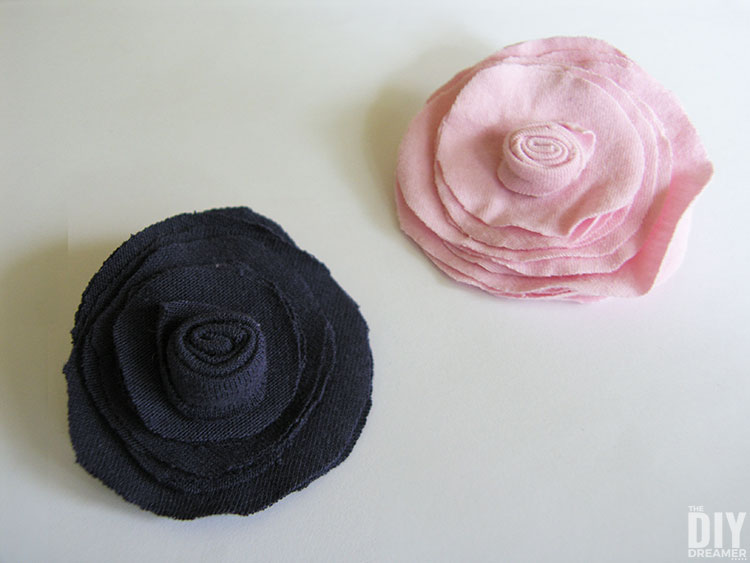 Navy and pink flower clips made with t-shirts.