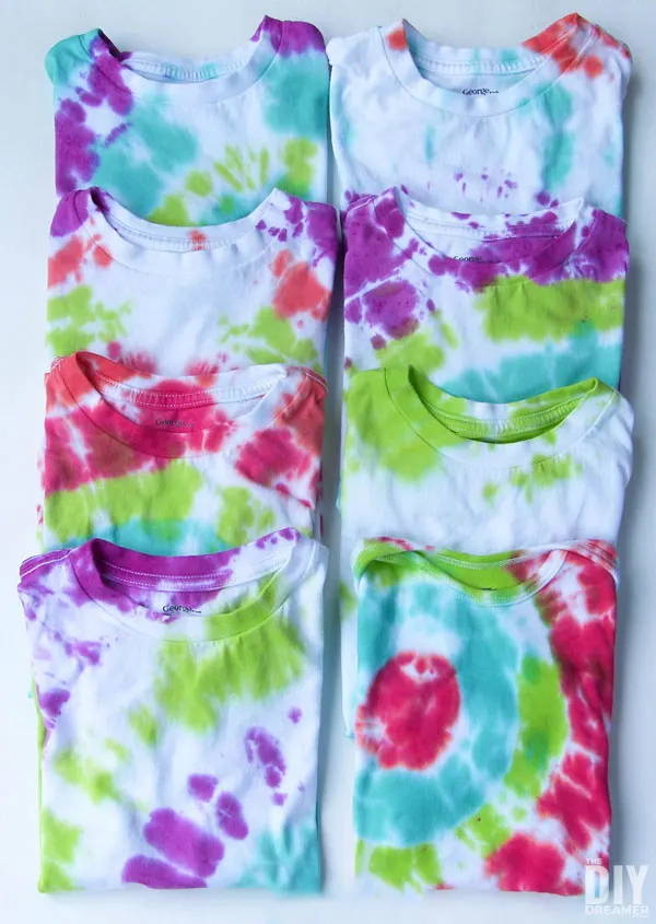 Stack of tie-dye t-shirts.