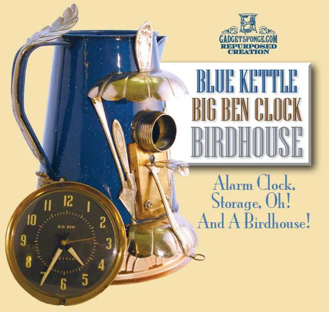 Enamel Porcelain Blue Kettle & Big Ben Alarm Clock Repurposed Upcycled Birdhouse Art Piece