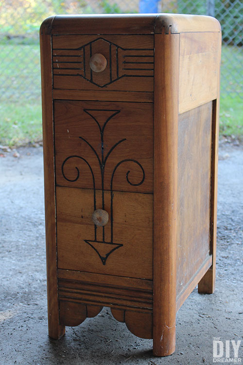 Vintage wood furniture transformed into a bed side table.
