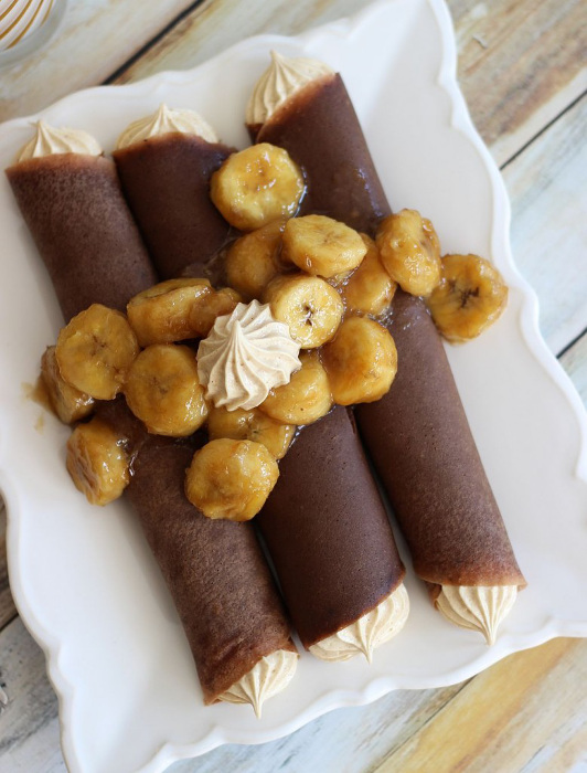 Chocolate Crepes with Peanut Butter Marshmallow Filling and Caramelized Bananas