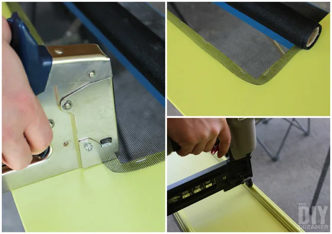 Attaching screen to a door with a staple gun. Then using a nail gun to attach moulding around the edge of the screen.