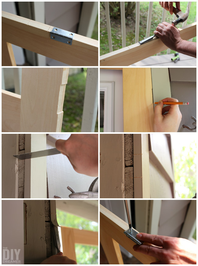 Attaching hinges to a door frame and door.