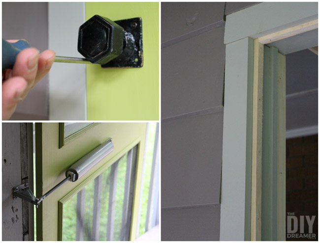 Attaching an antique door handle onto a screen door.