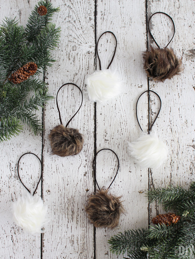DIY Faux Fur Pom Pom Christmas Ornaments. Perfect for a Rustic Christmas.