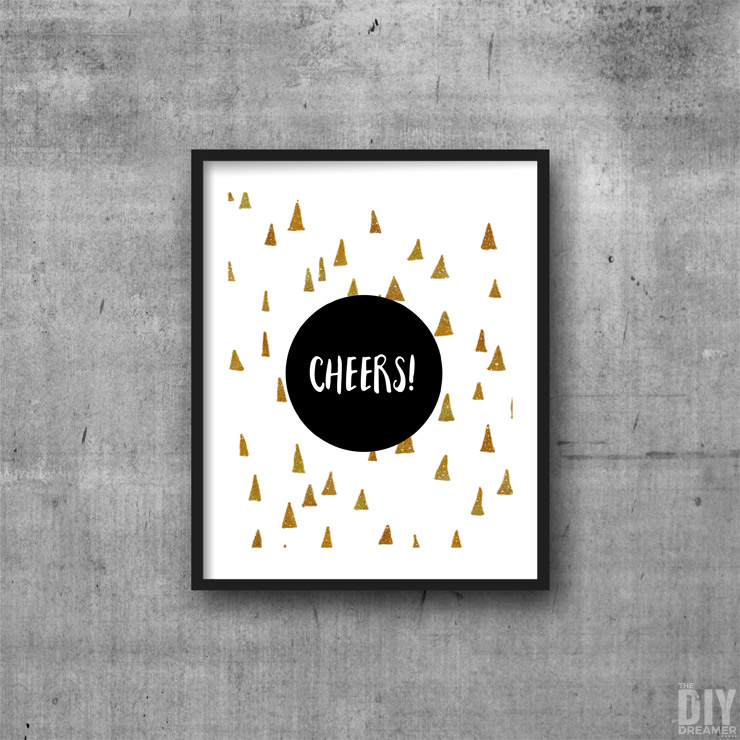 Black and Gold Geometric Cheers Printable Wall Art.