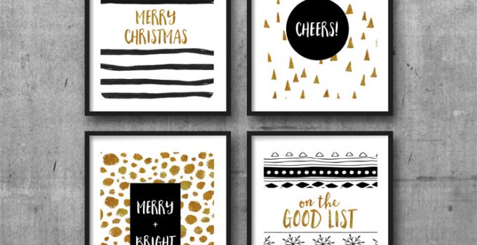 Black and Gold Merry Christmas Printable Wall Art. Print and display on your walls. Set of 4 printables.