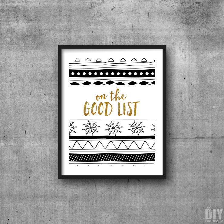 Black and Gold On The Good List Printable Wall Art.