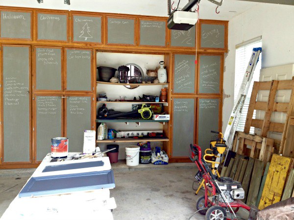 Garage Makeover with DIY Shelves and Chalkboard Cabinets