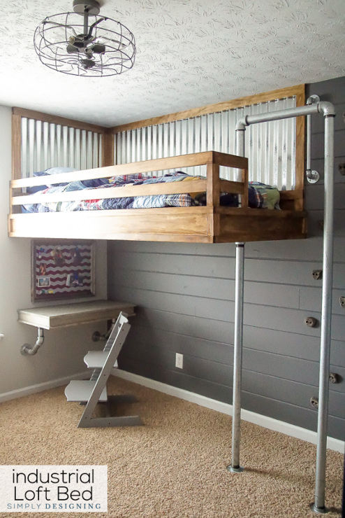 Industrial Loft Bed with Rock Wall and Fireman's Pole