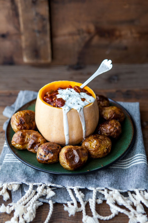Pumpkin Chili Con Carne with Mini Jacket Potatoes and Watercress Cr&egrave;me Fra&icirc;che