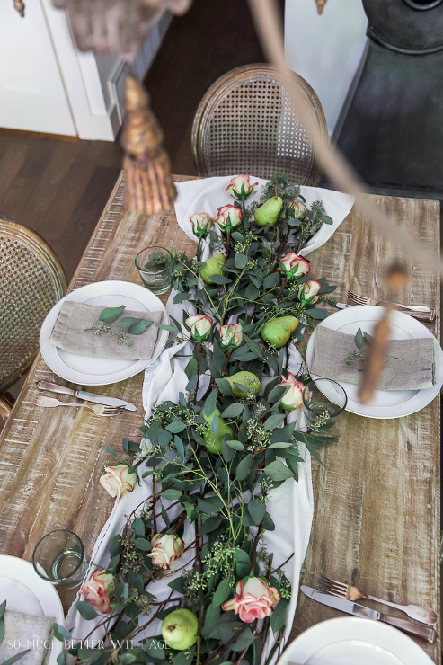 Eucalyptus, Pears and Roses Table Runner Centrepiece