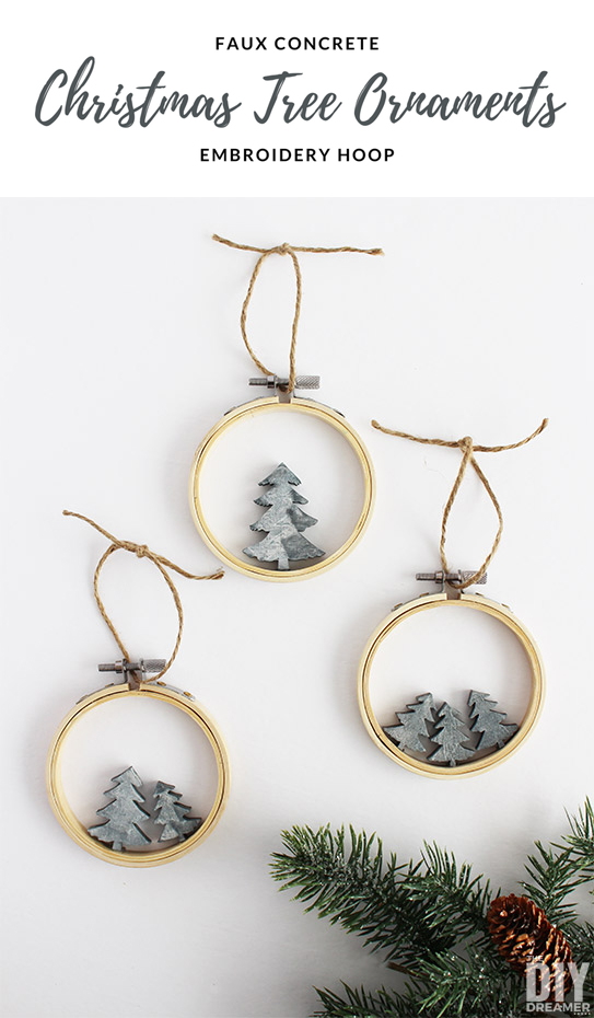 Quick and easy DIY Embroidery Hoop Faux Concrete Christmas Tree Ornaments. These ornaments couldn't be any easier to make! #christmas #embroideryhoop #christmasornaments