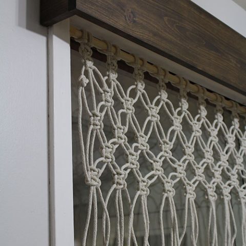 DIY Macrame Window Valance with a wood cornice.