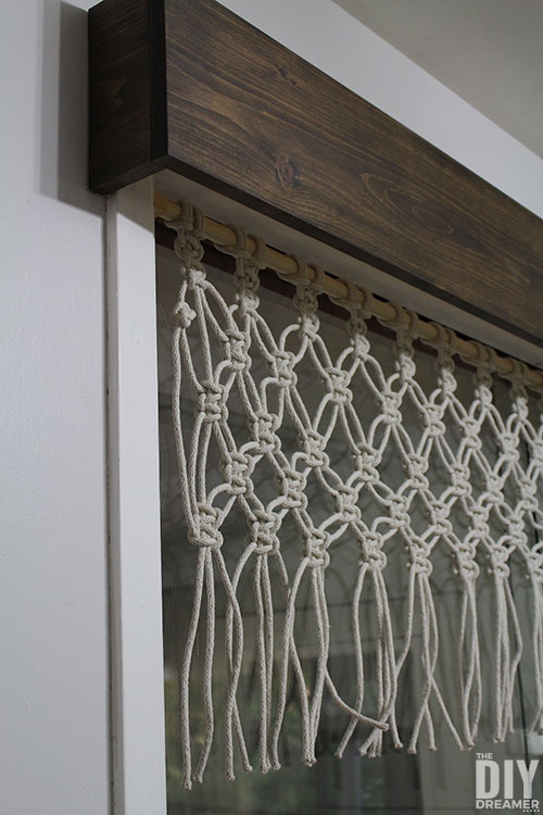 DIY Macrame Window Valance with a wood cornice.