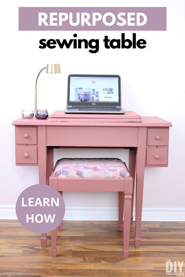 Repurposed sewing table upcycled into a desk. Learn how to repurpose an old sewing cabinet into a useful computer desk.