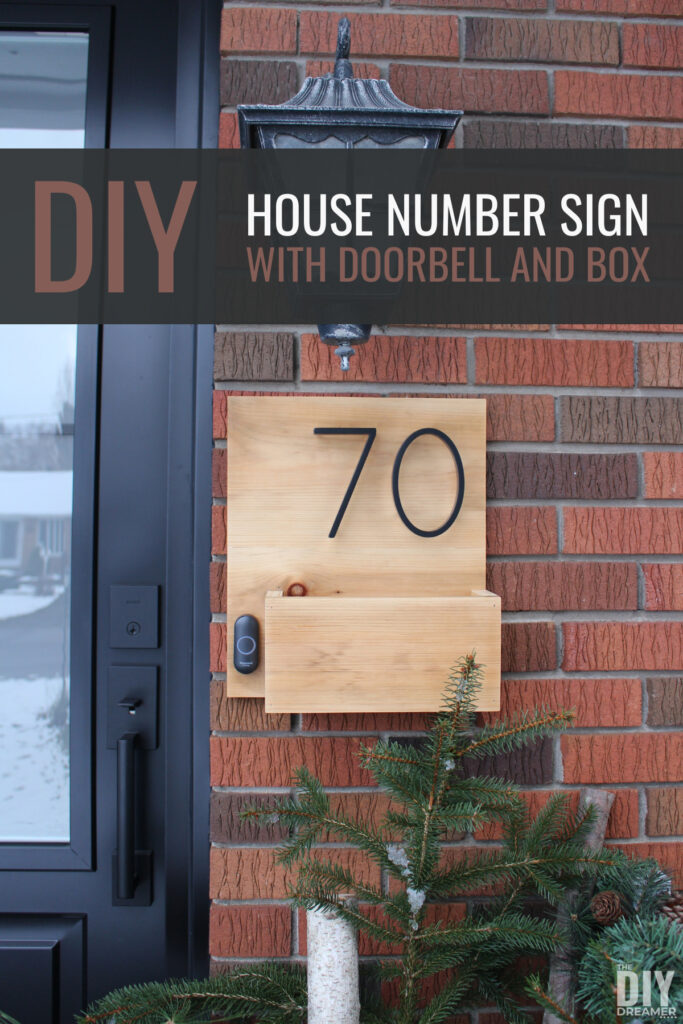 House number sign with doorbell and box with text overlay: DIY house number sign with doorbell and box.
